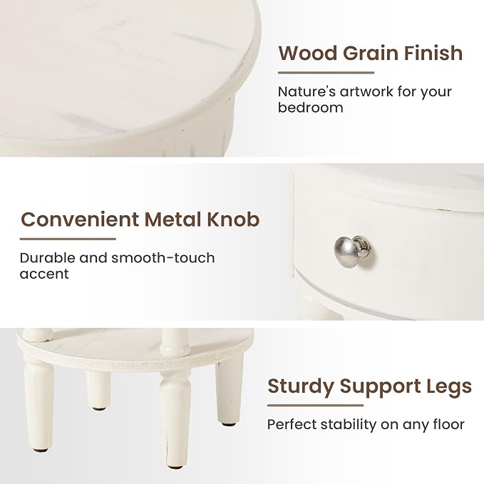 HOMPUS Round End Table with Drawer Set of 2, Rustic Framhouse Nightstand Set 2, Small Tall End Table with Shelf, Fully Assembled Narrow Wood Nightstand, Accent Bedside Table for Bedroom, Small Spaces