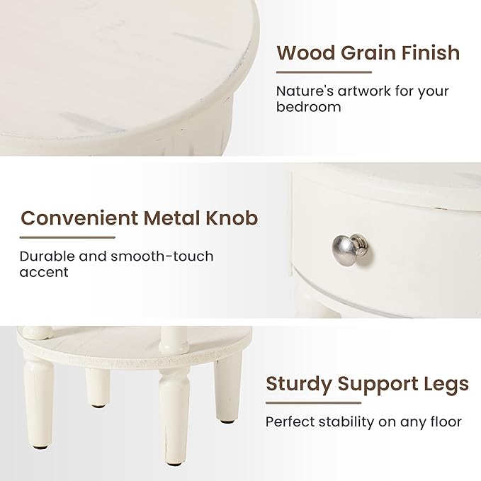 HOMPUS Round End Table with Drawer, Tall end Table with Open Shelf, Farmhouse Rustic Nightstand, Slim Side Table for Small Spaces, Skinny Modern Space-Saving Accent Table for Bedroom, Easily Assembled