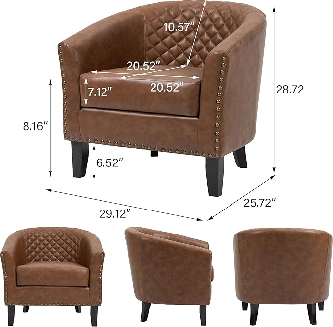 Accent Barrel Chair, Upholstered Faux Leather Club Chair with Nailed Trim, Comfy Reading Armchair for Living Room Bedroom Reception Room Office (Brown, Set of 4)