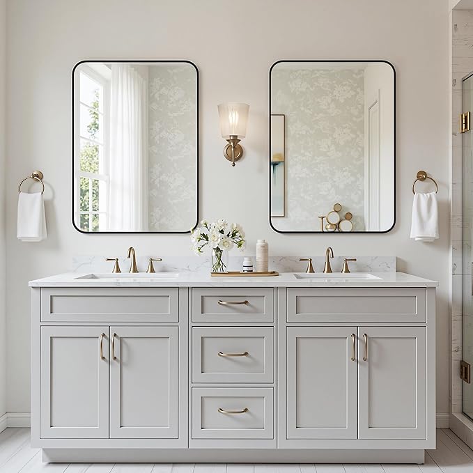 Bathroom Mirrors for Over Sink 22" x 30", Black Metal Frame Rounded Corner Rectangle Wall Mirror, Modern Farmhouse Vanity Mirror(Horizontal/Vertical)