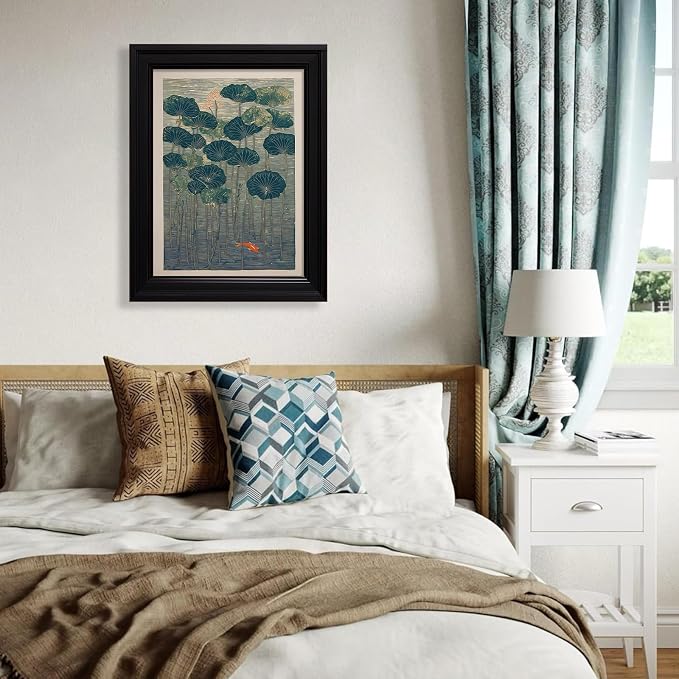 Vintage Framed Lotus And Koi Canvas Poster Japanese Floral Botanical Pond Wall Art Retro Oriental Asian Prints Decor for Bedroom Zen Meditation Room Home 20x30 inch