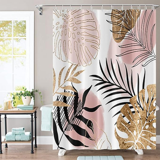 Abstract Boho Shower Curtain Mid Century Palm Leaves Botanical Pink Gold Geometric Modern Aesthetic Bathroom Decor for Women Minimalist 36Wx72H Inches Bath Accessories with 6 Hooks