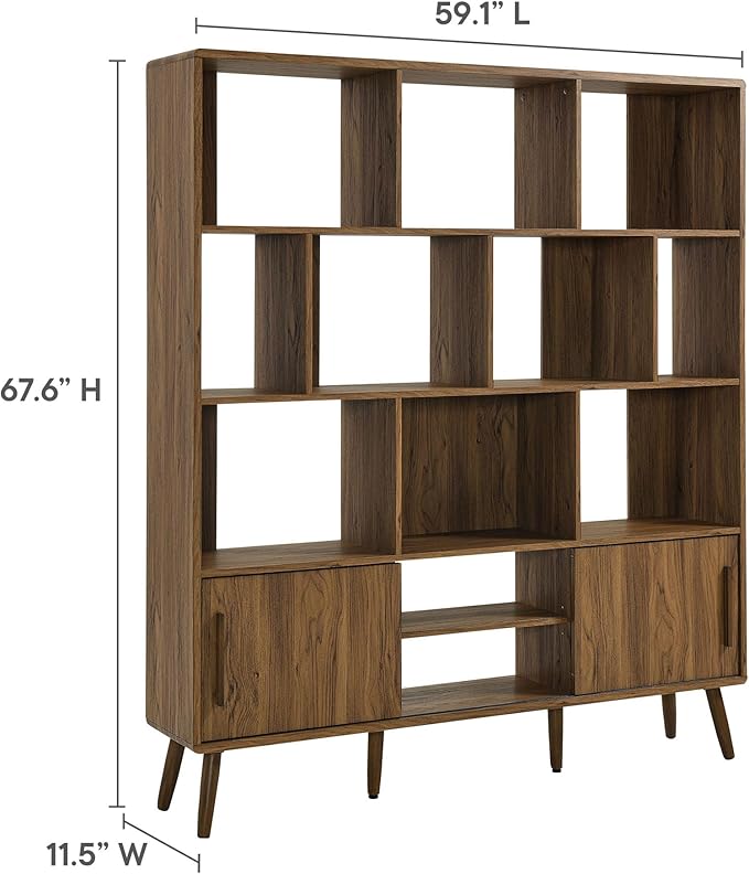 Modway Transmit 14 Shelf Bookcase with Sliding Doors in Walnut - 59 Inch Wood Mid-Century Modern Bookshelf - 4 Tier Wide Open Display Storage Cabinet for Living Room, Office, Hallway