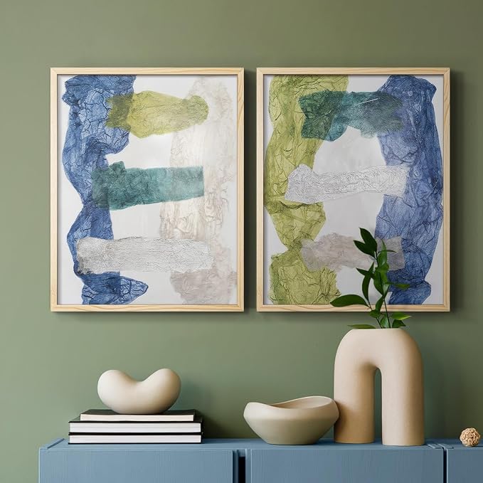 Renditions Gallery Set of 2 Peel & Stick Framed Prints, Elegant Abstract Wall Art, Dyed Cloth Texture Wall Decor, Re-Stickable - Ready to Hang - 11"x14" - NATURAL WOOD Frame LT588