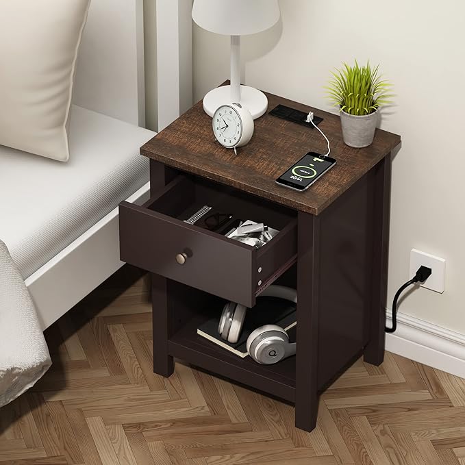 ChooChoo Nightstand with Charging Station, Wooden Top Bedside Table with Drawer and Storage Space for Bedroom, Espresso