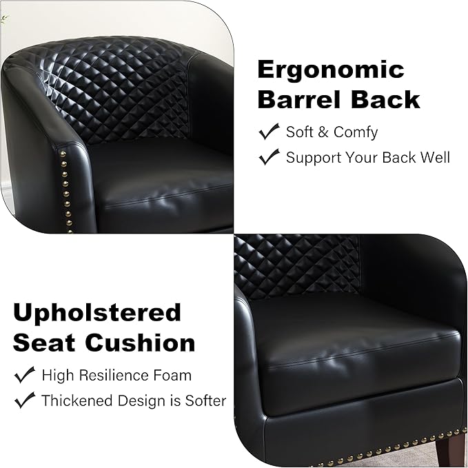 Accent Barrel Chair, Upholstered Faux Leather Club Chair with Nailed Trim, Comfy Reading Armchair for Living Room Bedroom Reception Room Office (Black, Set of 1)
