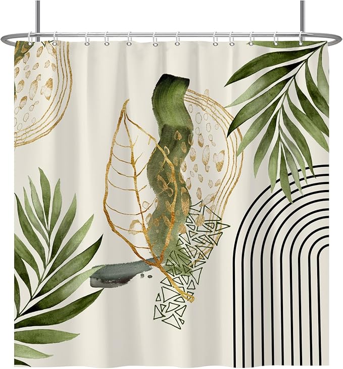 Baocicco Boho Shower Curtain Green Gold Leaves Modern Abstract Geometric Minimalist Shower Curtains Decorative for Bathroom Waterproof Fabric Shower Curtain with Hooks 72x72 Inches