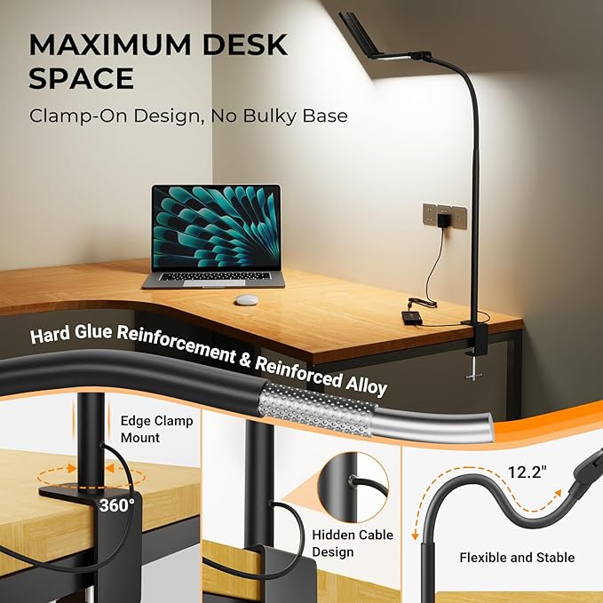 LED Desk Lamps for Home Office,Smart Adjustable Swing Arm Desk Lamp with Clamp,Gooseneck Tall Clip on Desk Light for Sewing,Reading,Drawing,Workbench,Study,Screen,Crafting,Monitor Architect,Computer
