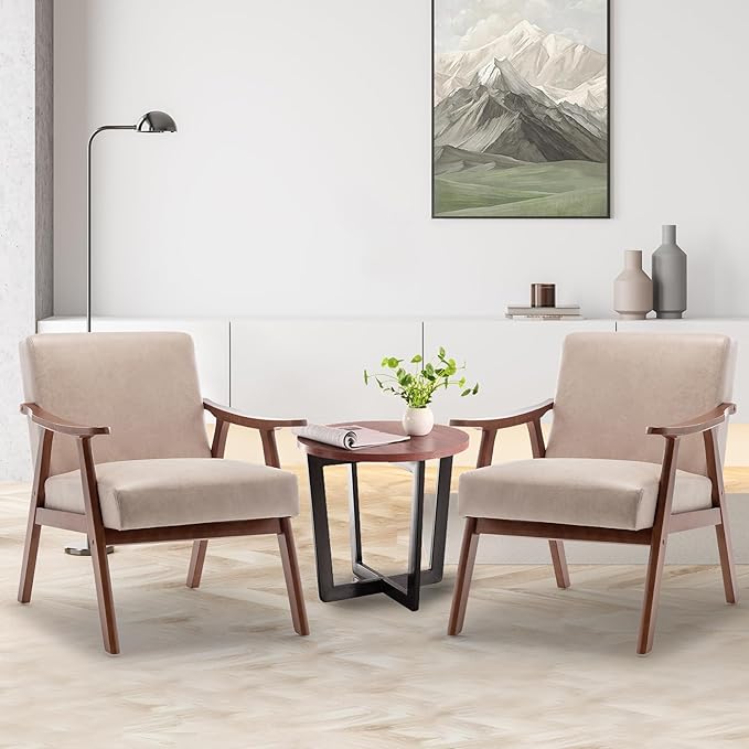 Furnimart Accent Chairs Set of 2, Mid-Century Modern Chair Reading Chairs with Extra-Thick Backrest, Wooden Armchairs for Living Room, Bedroom, Waiting Room, Beige Fabric