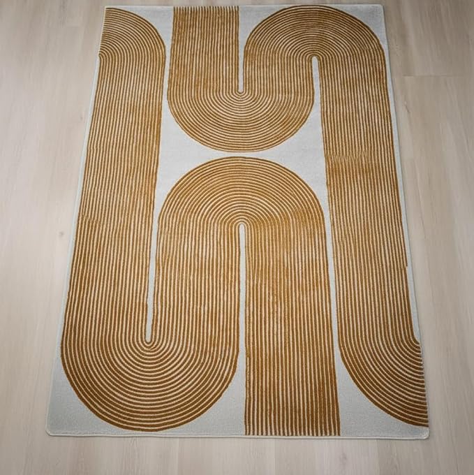 Modern Handmade Wool Area Rug, Abstract Curved Line Geometric Carpet for Living Room Bedroom, Contemporary Tufted Indoor Rug with Soft Pile and Cotton Backing (Gold, 5' x 7')