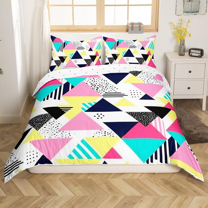 80s 90S Fashion Style Bedding Set Queen Size,Retro Memphis Style Pattern with Geometrical Shapes Duvet Cover for Kids Child,Funky Hipster Old Fashioned Comforter Cover Geometric Bedroom Decor