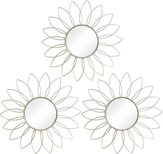 3 Pack Metal Mirrors for Wall Sunburst Wall Mirrors Home Décor Decorative Hanging Wall Art for Living Room Bedroom Entryway (Silver2, Flowers)