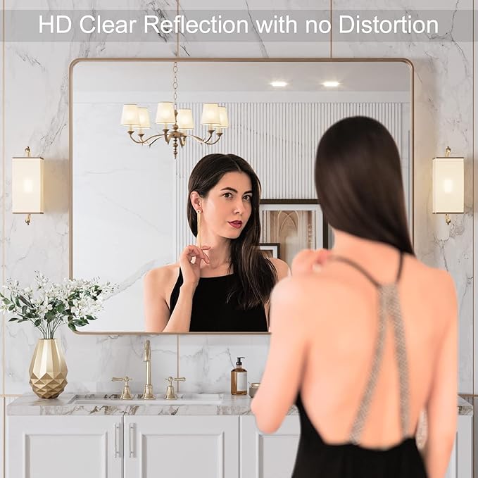 LOAAO 40"X32" Gold Bathroom Mirror, Rounded Rectangle Gold Frame Mirror, Brushed Gold Bathroom Vanity Mirror Wall-Mounted, Anti-Rust, Tempered Glass, Hangs Horizontally or Vertically