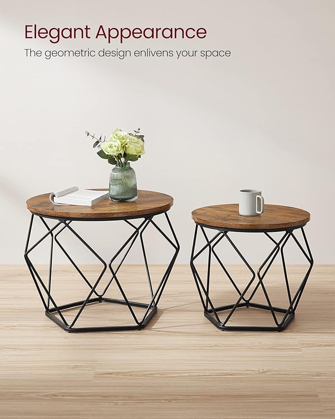 VASAGLE Small Coffee Table Set of 2, Round Coffee Table with Steel Frame, Side End Table for Living Room, Bedroom, Office, Rustic Brown and Ink Black | Living Room, Bedroom, Office