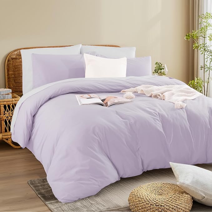 NEXHOME PRO Queen Duvet Cover Set, 100% Washed Cotton with Linen-Like Texture, Natural Organic, Breathable & Comfortable, Includes Home Bedding Set Lilac (No Comforter) 9090