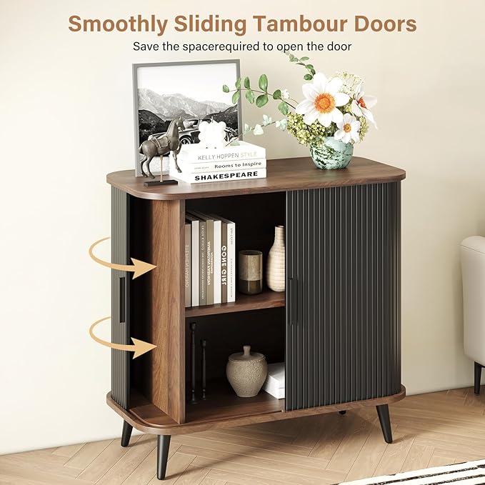 Accent Cabinet with Sliding Doors - Black Sideboard Buffet Cabinet with Storage for Coffee Bar, Console Table - MCM Design Bar Cabinets for Modern Home Décor Set 3
