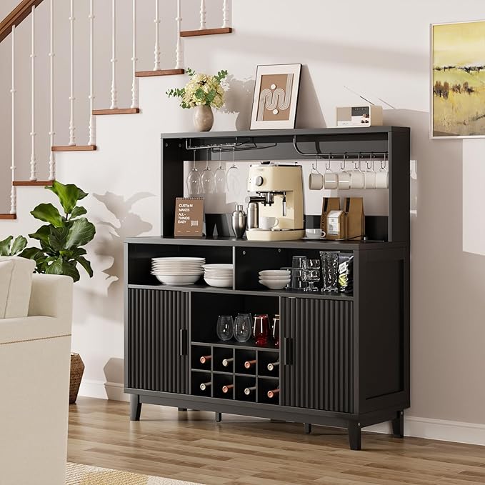 Fluted Buffet Cabinet with Storage, Modern Coffee Bar Cabinet with Outlet, Removable Wine Rack, Multi-Functional Accent Liquor Cabinet for Living Room, Entryway, Kitchen, Black