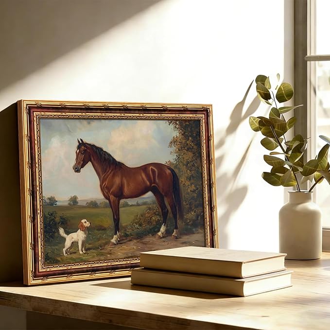dzbLuck Vintage Horse and Dog Wall Art with Gold Antique Frame, Classic Western Farmhouse Painting Print, Rustic Country Home Decor Picture 8x10 Inch