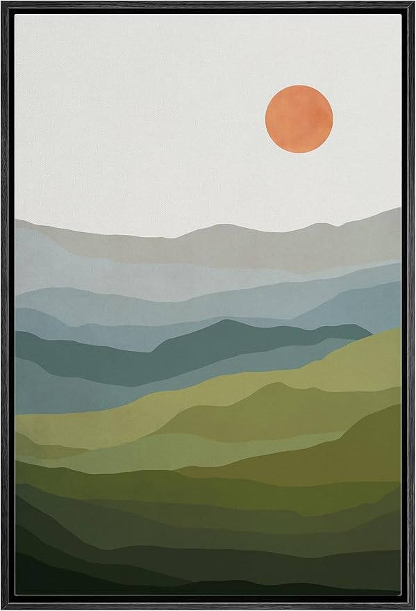Woodrose Framed Canvas Print Wall Art Green, Blue & Gray Mountain Landscape Abstract Shapes Illustrations Modern Art Minimalist 3D Colorful Ultra for Living Room, Bedroom, Office - 24"x36" BLACK