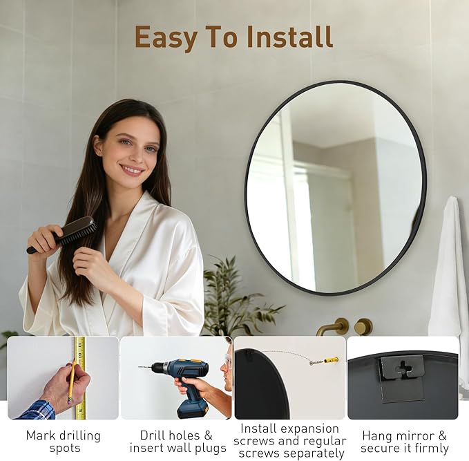 NEWBULIG Wall Mirror, Bathroom Mirror for Over Sink, Matte Metal Framed Vanity Mirror, Wall Decor for Bedroom, Tempered Glass