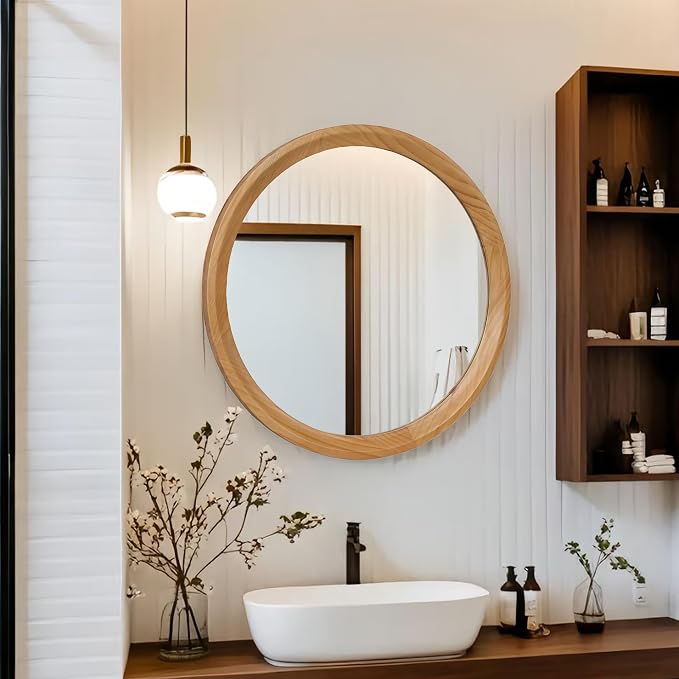 23.62" Round Natural Wood Wall Mirror Minimalist Mid-Century Modern Decorative Mirror with Sleek Solid Wood Frame HD Wall Mounted Mirror for Bathroom Vanity Living Room Bedroom Entryway