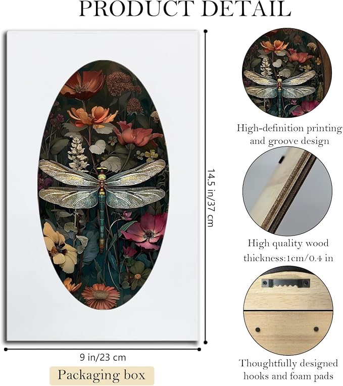 UYIKG Vintage Dragonfly Wall Art Decor,Dragonfly Floral William Morris Oval Wall Decor, Rustic Farmhouse Cottagecore Wooden Framed Wall Decorations for Theme Room Home Bedroom Living Room 9x14.6 in