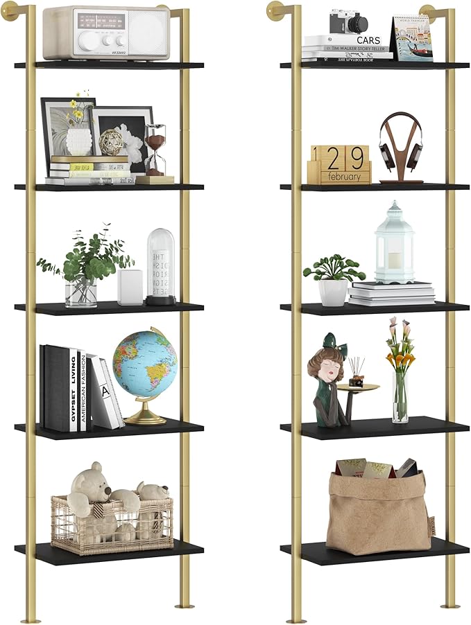Acovy 5-Tier Bookshelf - Solid Wood Narrow Bookcase Set of 2, Wall Mount Ladder Shelf, Storage Rack for Living Room, Bedroom, Bathroom, Black and Gold