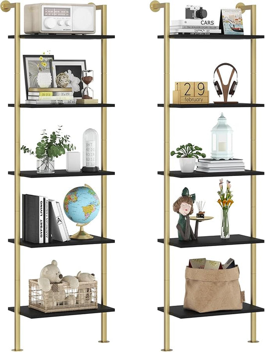 Acovy 5-Tier Bookshelf - Solid Wood Narrow Bookcase Set of 2, Wall Mount Ladder Shelf, Storage Rack for Living Room, Bedroom, Bathroom, Black and Gold