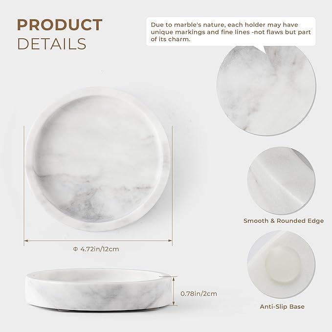 WORHE Candle Holders Italy Premium Natural Marble Candlestick Holder for Jar Pillar Candles Large Round Coaster Plate Jewelry Tray Centerpiece for Wedding Dining Table Home Decor White (ZT011)