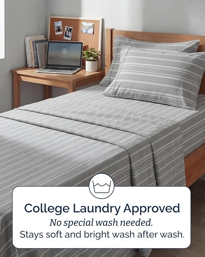 Extra Deep Twin XL Sheet Set - 4 Piece College Dorm Bed Sheets Set with Extra Deep Pockets - Ultra-Soft, Comfy & Breathable Bedding for Women, Men, Kids & Teens - Wrinkle & Fade Free - Grey Stripes 3