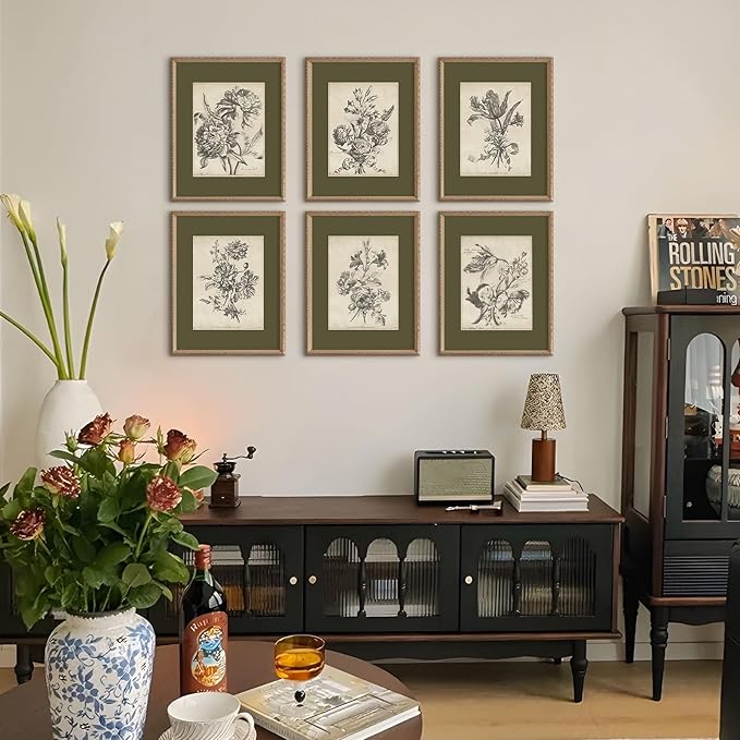 Vintage Floral Wall Art Sketch Flower Prints Antique Botanical Canvas Wall Art Decor Vintage Etchings Floral Poster Green Botanical Painting Sage Green Artwork for Bedroom 8x10x6 Inch Unframed