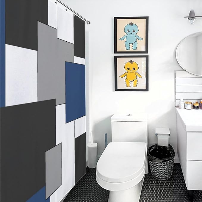 Retro Geometric Shower Curtain,Blue Black Modern Geometry Minimalist Neutral Design Bathroom Curtain Polyester Waterproof Fabric Decor 72x72in（183x183cm）