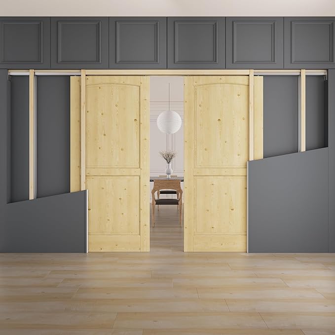 64" x 80" (Double 32" x 80") 2 Panel Arch Top All-Inclusive Soft Close & Solid Core Sliding Pocket Door, Pine Wood Door with Frame & Hardware Kit, Pocket Interior Doors for Home, Unfinished