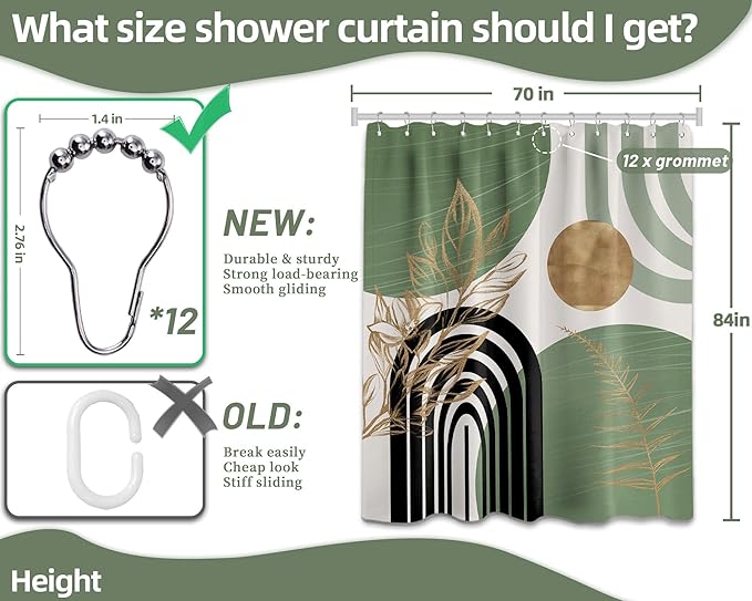 Sage Green Shower Curtain Boho Mid Century White and Light Green and Black Shower Curtains for Bathroom Decor, Waterproof Cloth Fabric with Hooks, 70" W x 84" L
