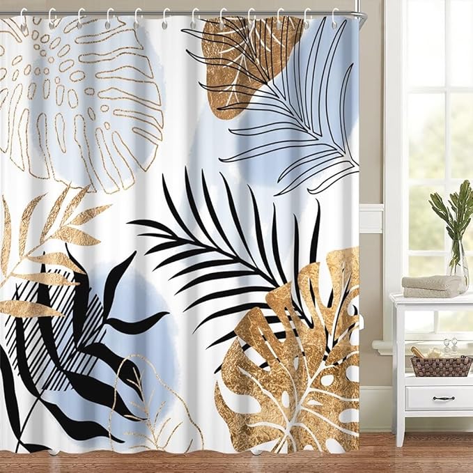 Modern Boho Shower Curtain Blue Gold Palm Leaves Abstract Aesthetic Bathroom Decor Gorgeous Watercolor Botanical Theme Bohemian Bath Curtains Washable Waterproof Polyester Fabric with Hooks 69x70 Inch