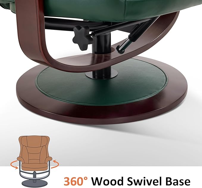 MCombo Oversized Swivel Recliner Chair with Ottoman, Adjustable Backrest, 360° Wood Base, High Seat, Faux Leather Lounge Chair for Tall Users in Living Room, Bedroom, or Office 4651 (Green)