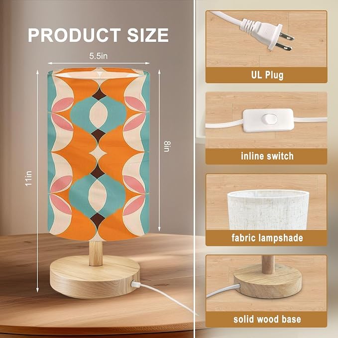 Bedside Table Lamp 50s Mid Century Modern Seamless Pattern 16-Way Dimmable Small Desk Lamp with Round Flaxen Fabric Shade for Nightstand Bedroom Living Room Home Decor