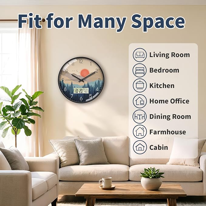 Wilderness Sunset Wall Clock, 12 Inch Silent Non-Ticking Battery Operated Analog Clock with LCD Date Day Temp Display, Decorative for Living Room, Bedroom, Kitchen, Office, Farmhouse, Cabin