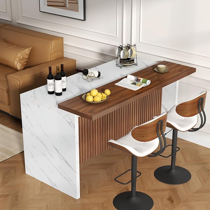 63" Large Imitation Marble Bar Table,Island Table with LED Lights,Mordern Marble Stripes Dining Table with Grille Design for Home Kitchen, Living Room, Balcony, Basement(White)