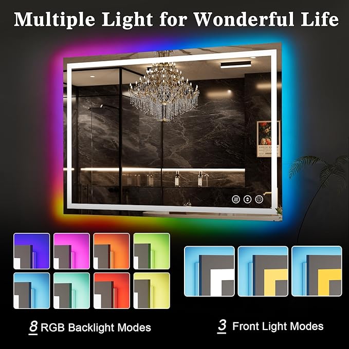 WTTY LED Bathroom Mirror 60"x36" with RGB Backlit and Front Light,Stepless Dimmable LED Mirror for Bathroom,Lighted Bathroom Vanity Mirror,Anti-Fog,Memory Function,Shatter-Proof,Wall Mounted