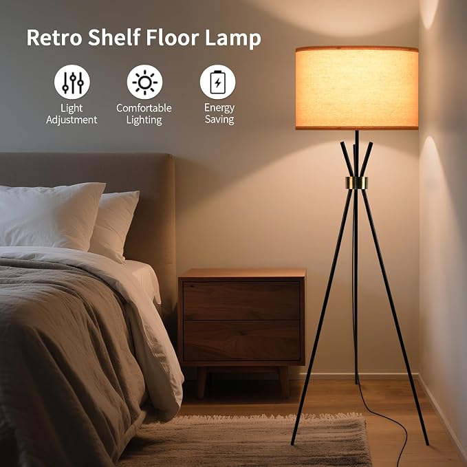Tripod Lamps for Living Room, Mid Century Floor Lamp with Beige Drum Shade, Standing Lamps for Living Room, Bedroom, Office(Bulb Not Included)