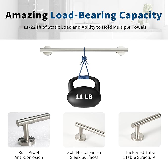 Brushed Nickel Towel Bar, 24 Inch Towel Racks for Bathroom Wall Mounted, Thicken SUS304 Stainless Steel Heavy Duty Hand Towel Holder Organizer, Bathroom Accessories, Total Length 26.5 Inch