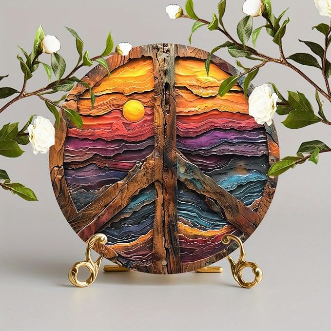 Vintage Peace Sign Wall Art, 8x8 Inch Aluminum Metal Plaque, No Feathers, Non-Electric, Durable Art Decor for Garden, Bedroom, Garage - Textured High-Definition Print, Ideal Gift