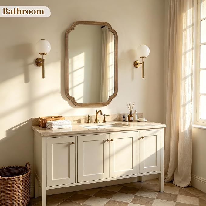 HOMECOOKIN Wood Bathroom Mirror for Wall Decor Arched Rounded Corner Rustic Wood Frame Wall Mirror Home Decorative for Vanity, Living Room, Bedroom, Entryway (20 x 30 inch, Natural)