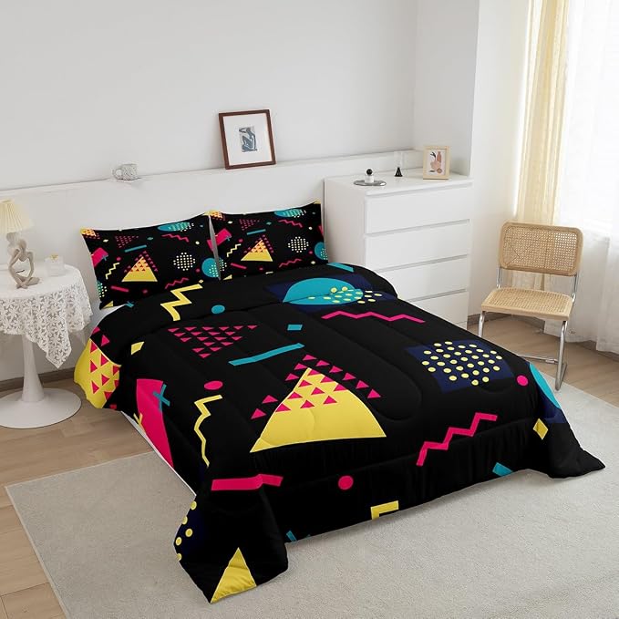 Manfei Memphis Comforter Set Twin Size, Retro 80s 90s Geometric Fashion Style Bedding Set 2pcs for Kids Boys, Triangle Circle Vintage Quilt Set Soft Polyester Duvet Set with 1 Pillowcase