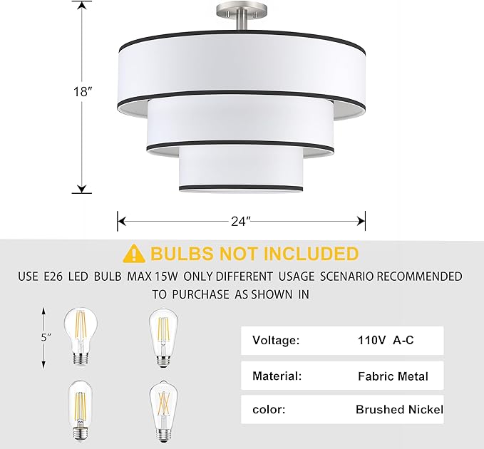 Doraimi Lighting 3 Tier Black White Linen Drum Fabric Semi Flush Mount Light Modern Farmhouse Decor 7 Light 24 Inch Brushed Nickel Finish for Kitchen Living Room Dining Room Corridor Hallway