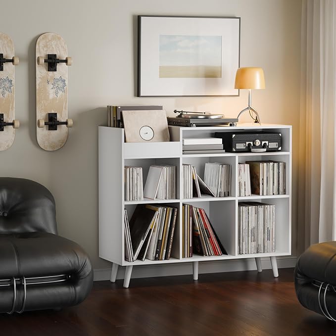 Cozy Castle Large Record Player Stand with Vinyl Storage Cabinet, Wood Turntable Table Open Shelf Holder Up to 500 Albums Cube Storage Organizer for Living Room, Office, White