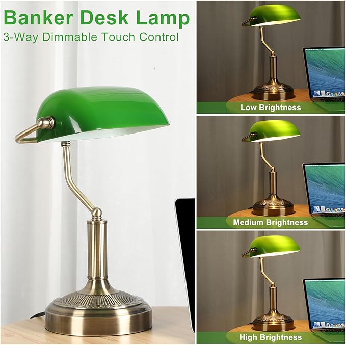 Vintage Bankers Lamp, Green Glass with Antique Brass Finish, USB & Type-C Charging Ports, 3-Way Dimmable Touch Control Desk Lamp for Home Office, Piano, Library (Brass+Green)
