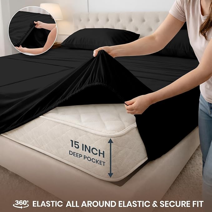 SGI Split King Sheet Set for Adjustable Bed Egyptian Premium Cotton 600 Thread Count Sheets for Sleep Number Bed 15" Deep Pocket 5 Pc Set with 2 Twin XL Fitted Sheets Soft Breathable -Black