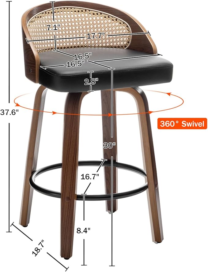 30" Swivel Rattan Bar Stools Set of 3 Mid-Century Modern Faux Leather Upholstered Bar Height Stools Kitchen Island Barstool with Rattan Low Backrest,Walnut Wood Finish Bar Chairs,Black PU